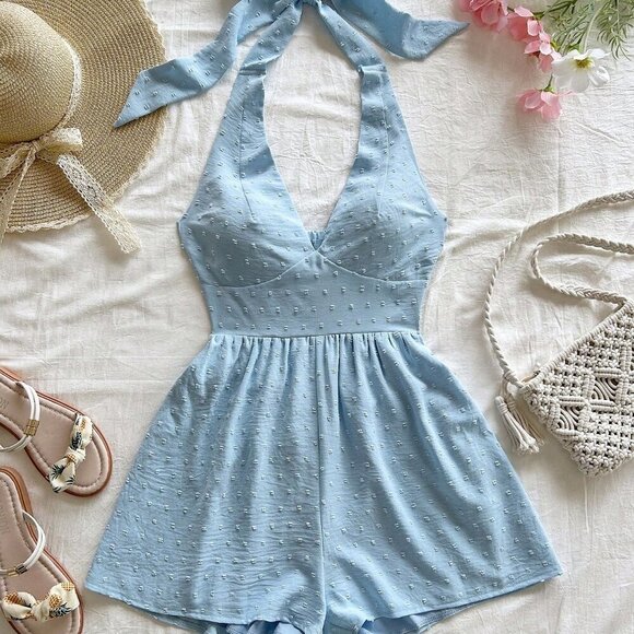 Blue Boho Women's Textured swiss dot halter Romper Vacation - Picture 3 of 6